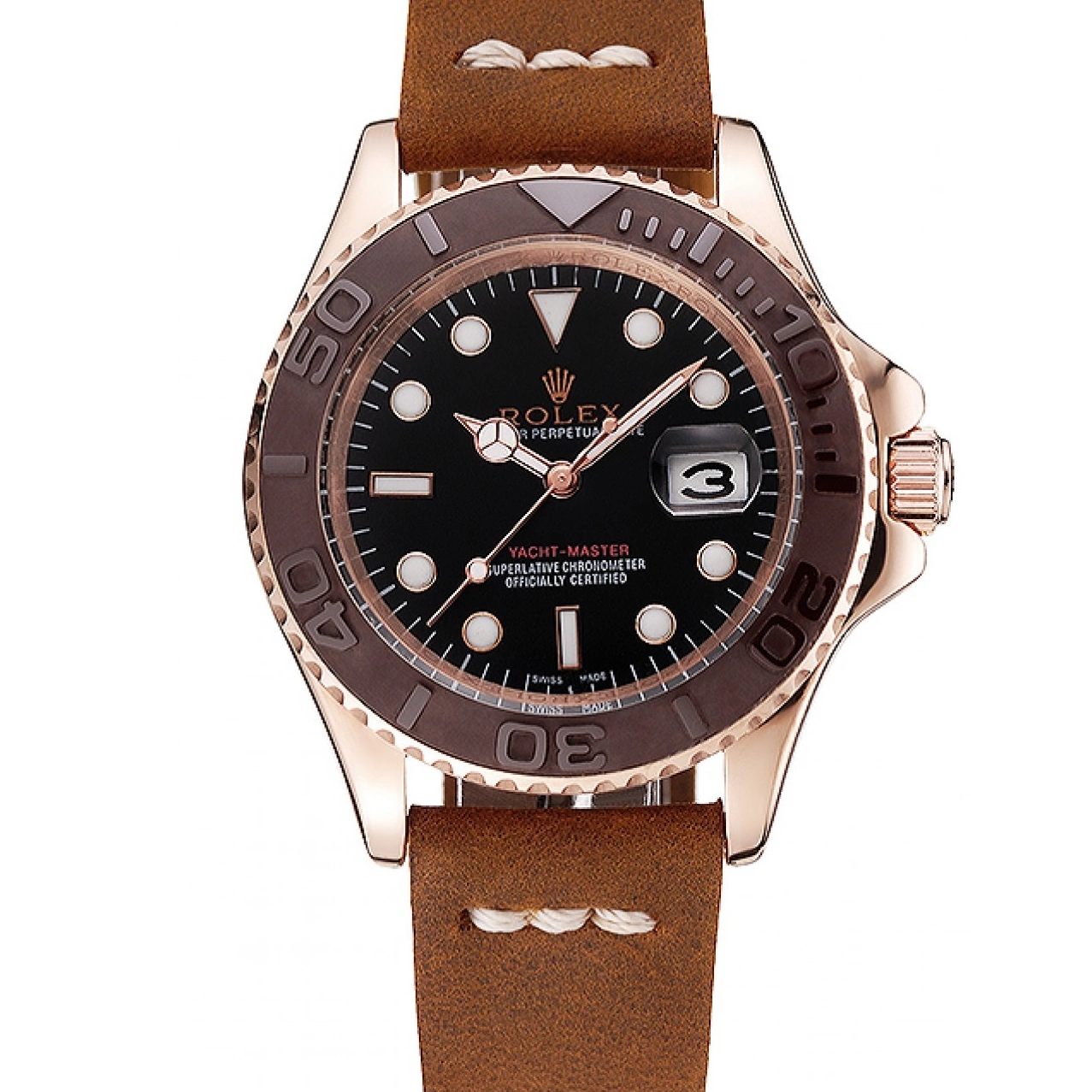 AAA replica watch Leather Bracelet Rolex Master 1453860 Bezel Brown Rose Yacht Dial Black Gold Brown Case 0516